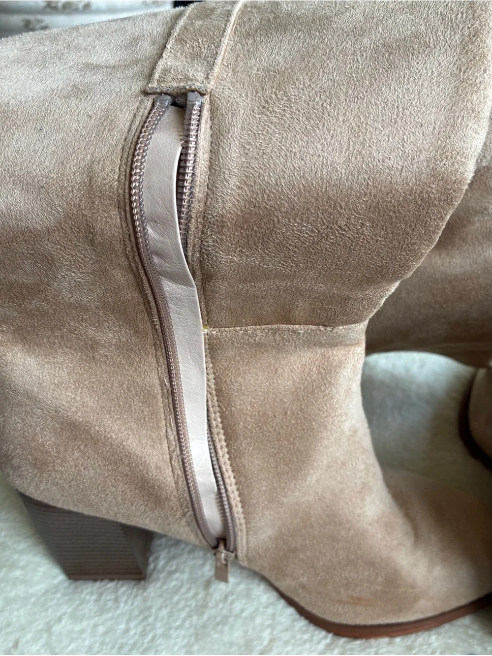 Seraih Beige Women’s Thigh High Boots Faux Suede Side Zipper Block Heel Size 10